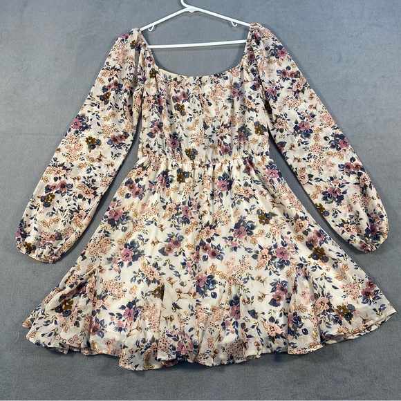 Row A Women’s Cream Floral Long Sleeve Sweetheart Dress, Lined, elastic waist, M - Picture 3 of 10